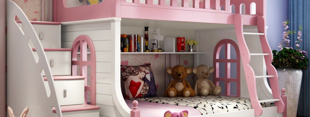 Mẫu giường tầng màu hồng có cầu trượt dành riêng cho các bé gái