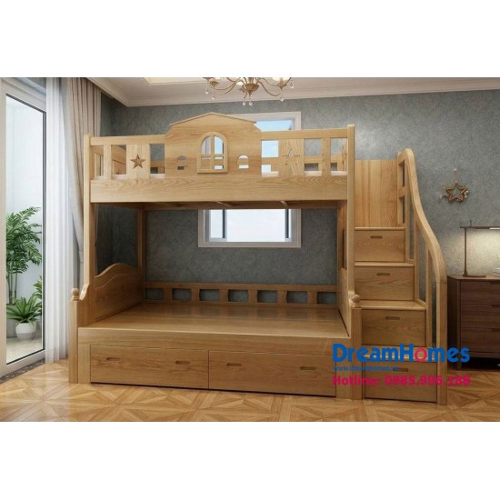 Giường Tầng Ngôi Nhà - Chân Thẳng - Gỗ Sồi Nga