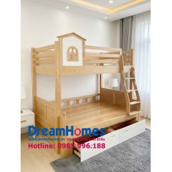 Giường Tầng Ngôi Nhà  - Thang Trèo - Phối Trắng - Gỗ Sồi Nga