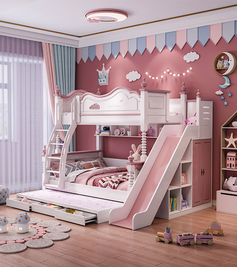 giường tầng màu hồng có cầu trượt cho bé gái