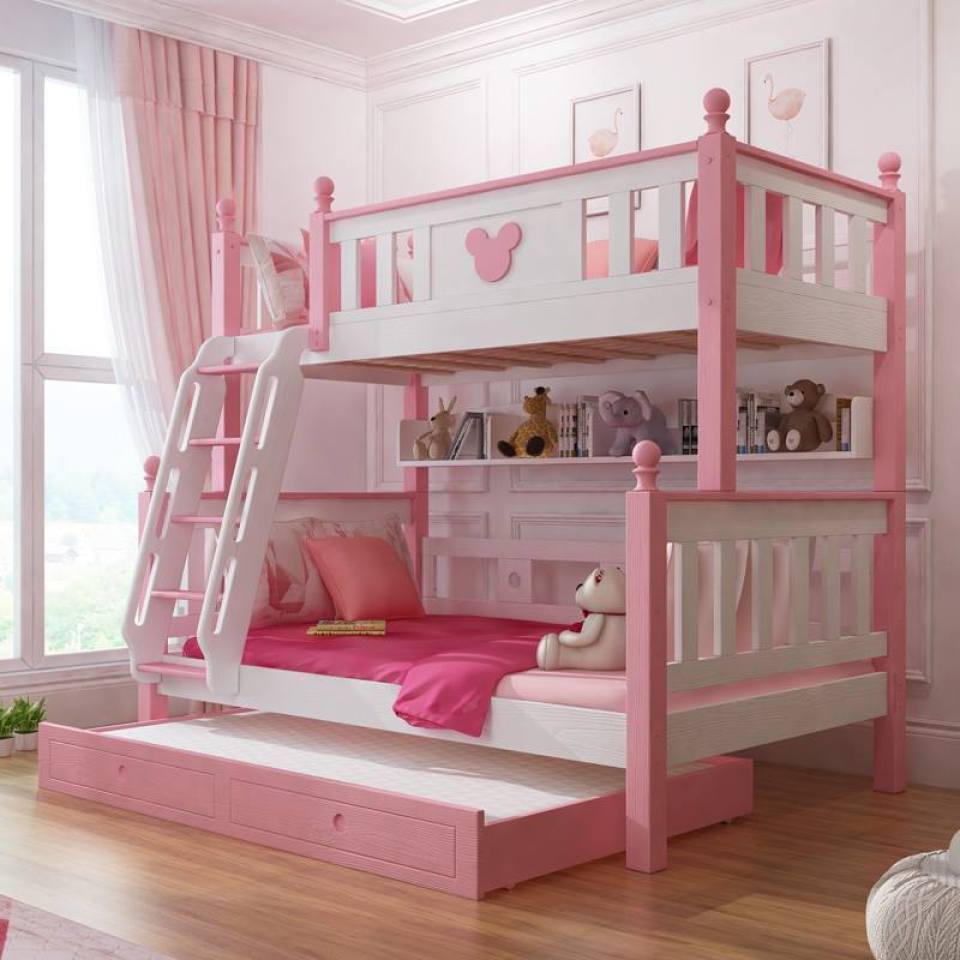 giường tầng màu hồng cho bé gái