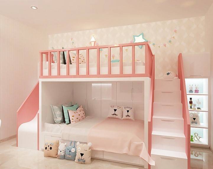 giường tầng màu hồng có cầu trượt cho bé gái