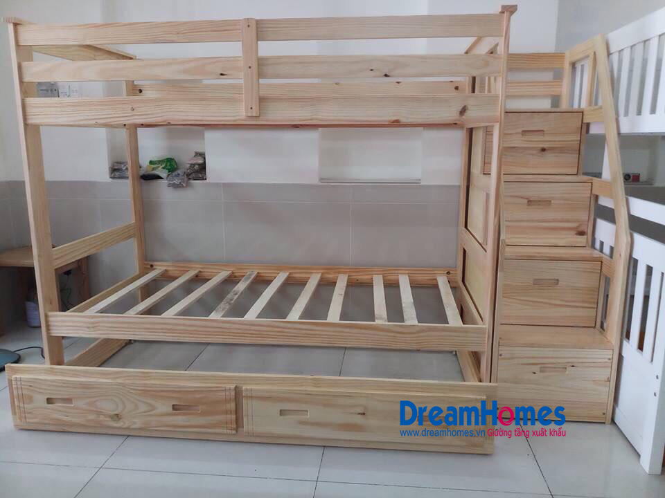 giường tầng GT 165 cầu thang hộp bằng gỗ thông màu tự nhiên cho bé tại hà đông hà nội
