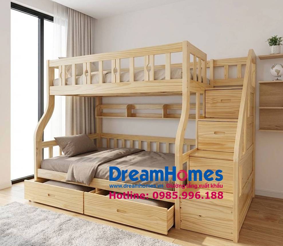 Mẫu giường 3 tầng đẹp cao cấp OBA - Kích thước 1m2 màu gỗ tự nhiên