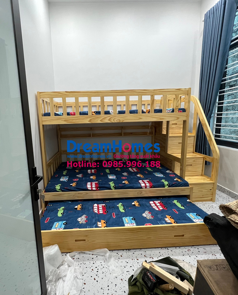 giường 3 tầng gỗ đẹp giá rẻ cho bé Ben A cao cấp màu tự nhiên ở thanh hóa