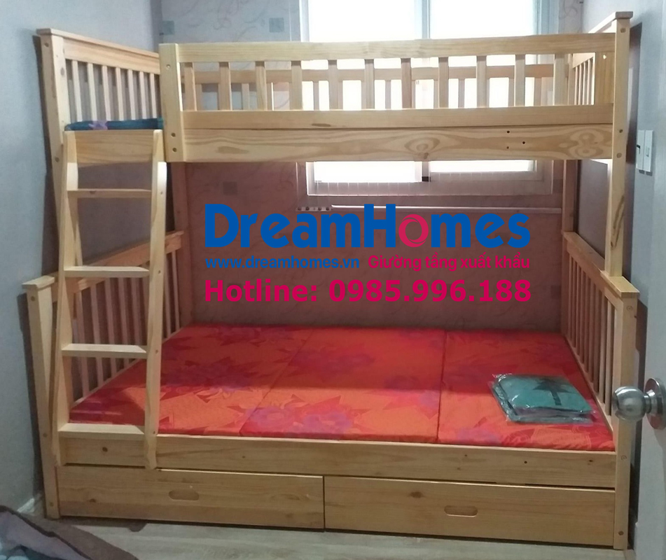 giường tầng gỗ 1m2 thang đổi chiều GT 118 màu tự nhiên cho bé giá rẻ