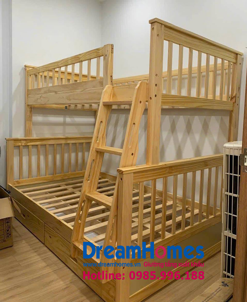 giường tầng gỗ 1m2 thang đổi chiều GT 118 màu tự nhiên hà nội