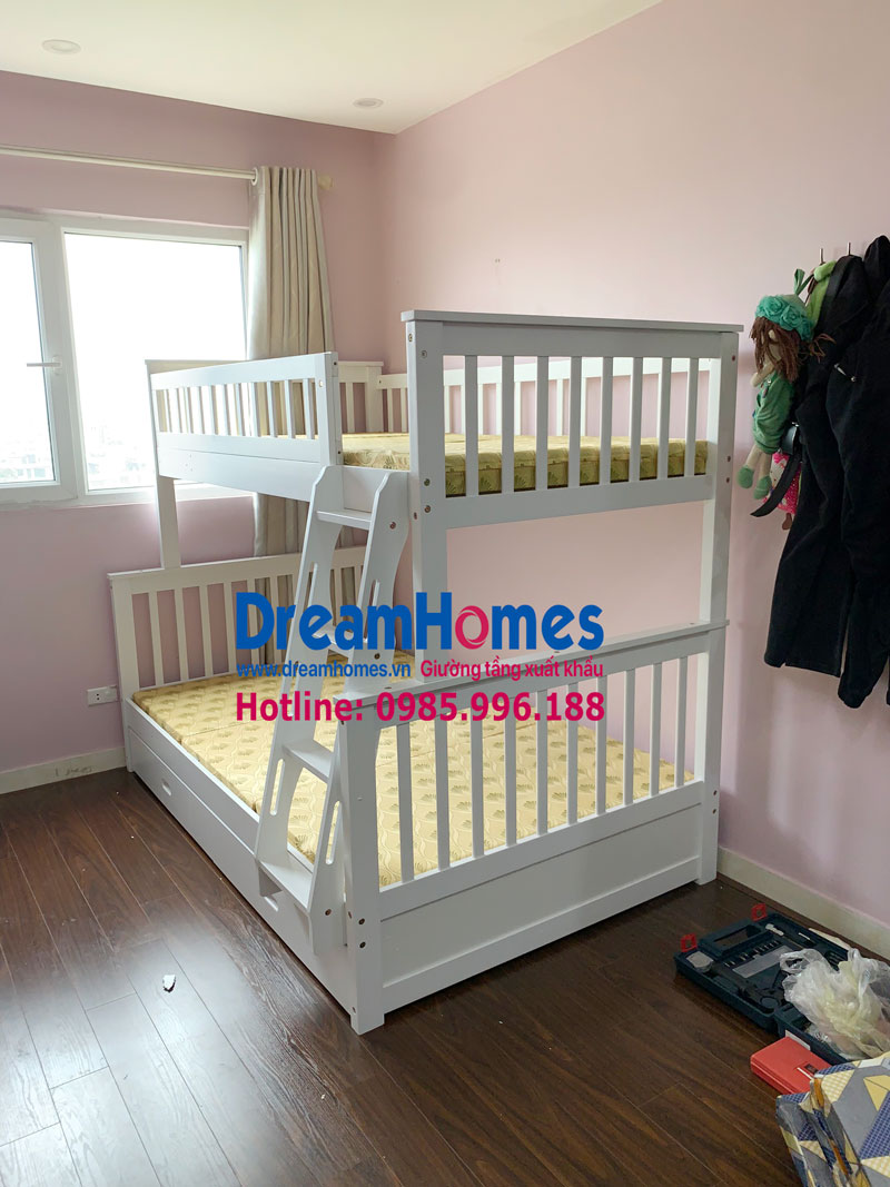 giường tầng cho bé 1m2x2m GT 118 màu trắng gỗ thông xuất khẩu