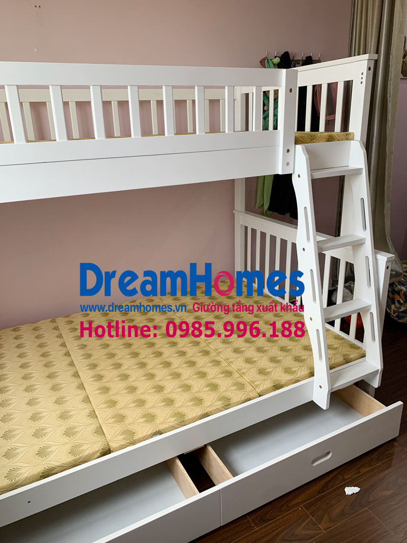 giường tầng 2 cho bé 1m2x2m GT 118 màu trắng gỗ thông xuất khẩu