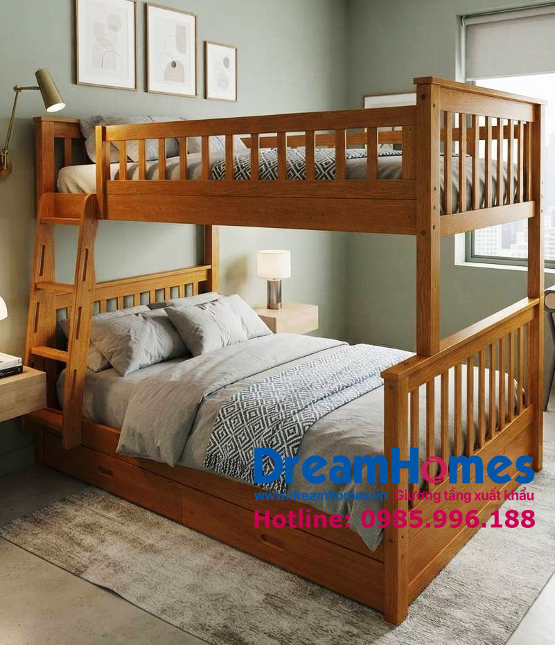 giường tầng cho bé 1m2 x 2m cho bé GT 118 cầu thang đảo chiều màu vàng mật ong