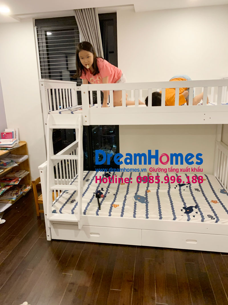 lắp đặt giường tầng 1m2x2m cho bé màu trắng xuất mỹ tại Toà nhà Hà Nội Centerpoint - 27 Lê Văn Lương - Hà Nội