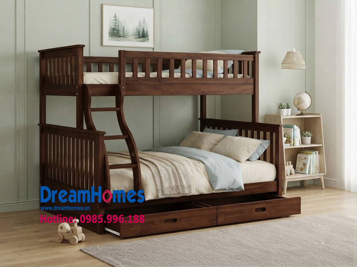 Giường Tầng 1m4-1m2 Cho Bé - GT1412 - Màu Nâu