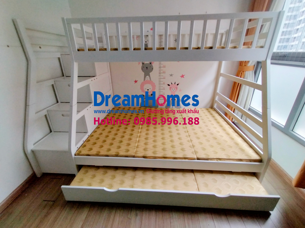 giường 3 tầng cho bé GT 192 xuất khẩu EU màu trắng gỗ tự nhiên