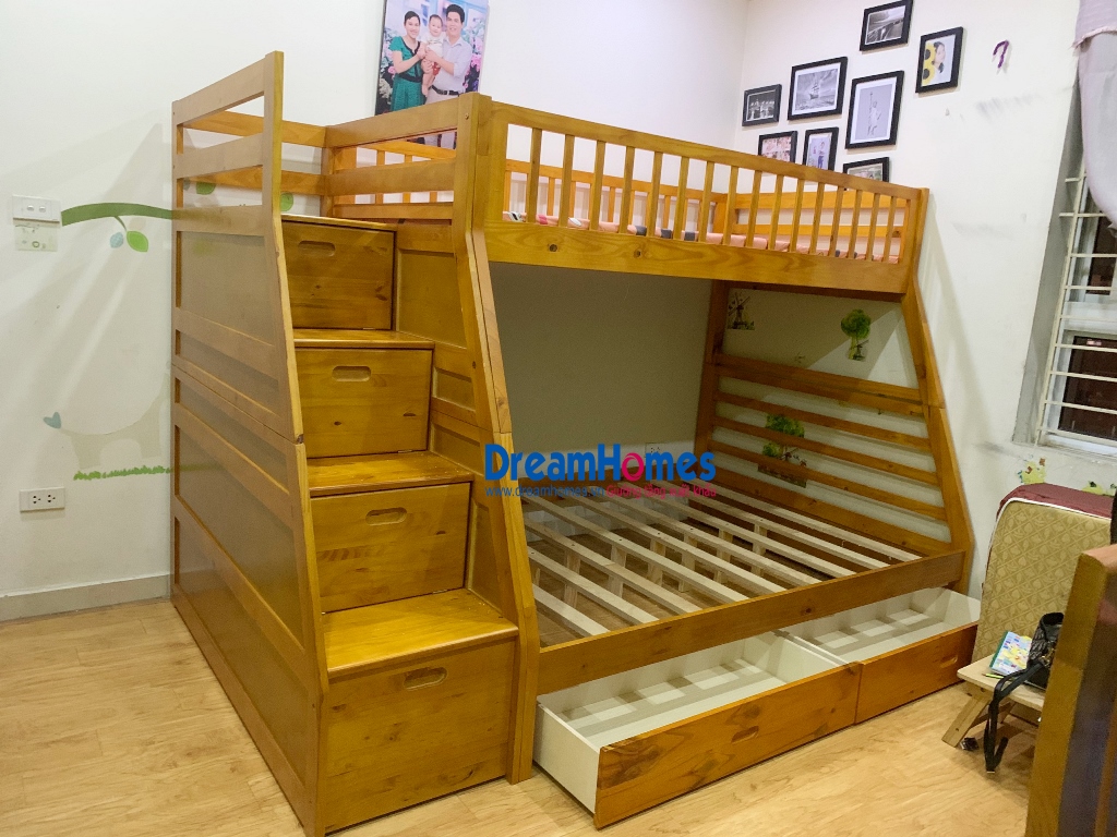 giường tầng GT 192 cầu thang hộp màu vàng mật ong bằng gỗ thông cho bé tại hà đông hà nội