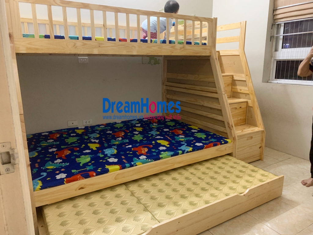 giường tầng GT 192 cầu thang hộp màu tự nhiên bằng gỗ thông cho bé tại hà nội