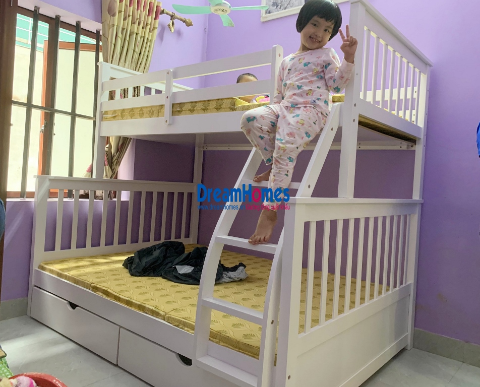 giường tầng xuất khẩu gỗ thông giá rẻ cầu thang treo cho bé trai tại hà đông hà nội