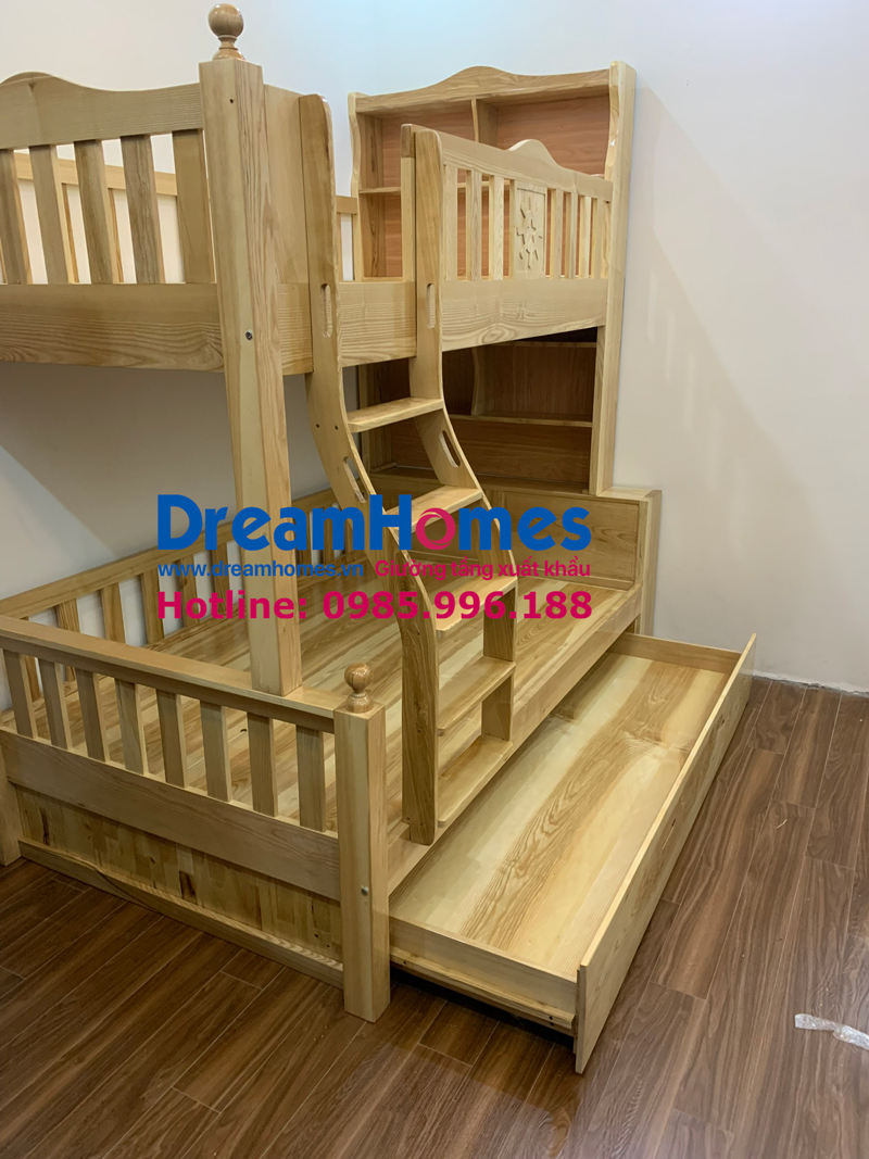 giường tầng trẻ em có giá sách - gỗ Sồi Nga màu vân gỗ tự nhiên
