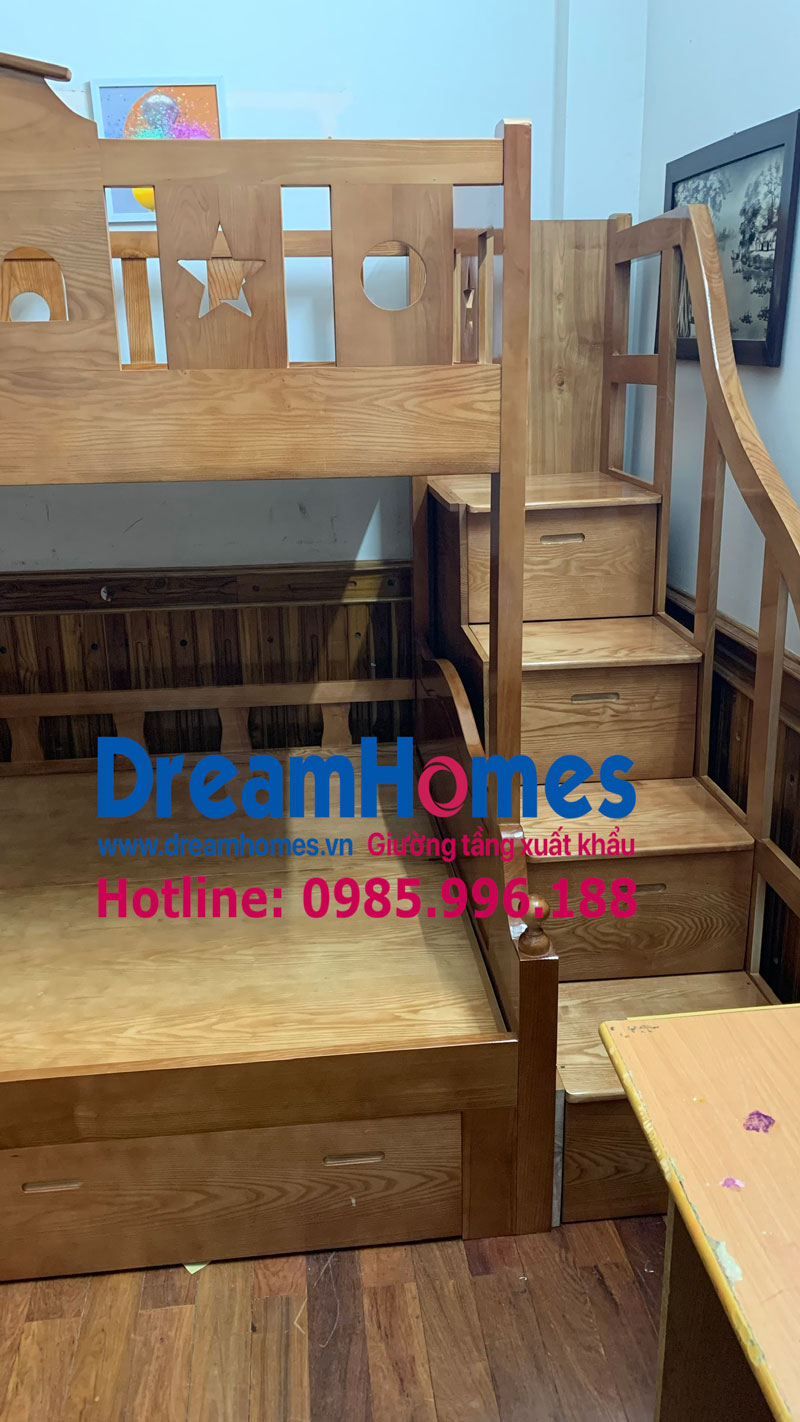 Dreamhomes giao lắp mẫu giường tầng gỗ Sồi Nga sơn màu nâu cánh gián phù hợp gam màu có sẵn của căn phòng tại Mậu Lương, Kiến Hưng, Hà Đông