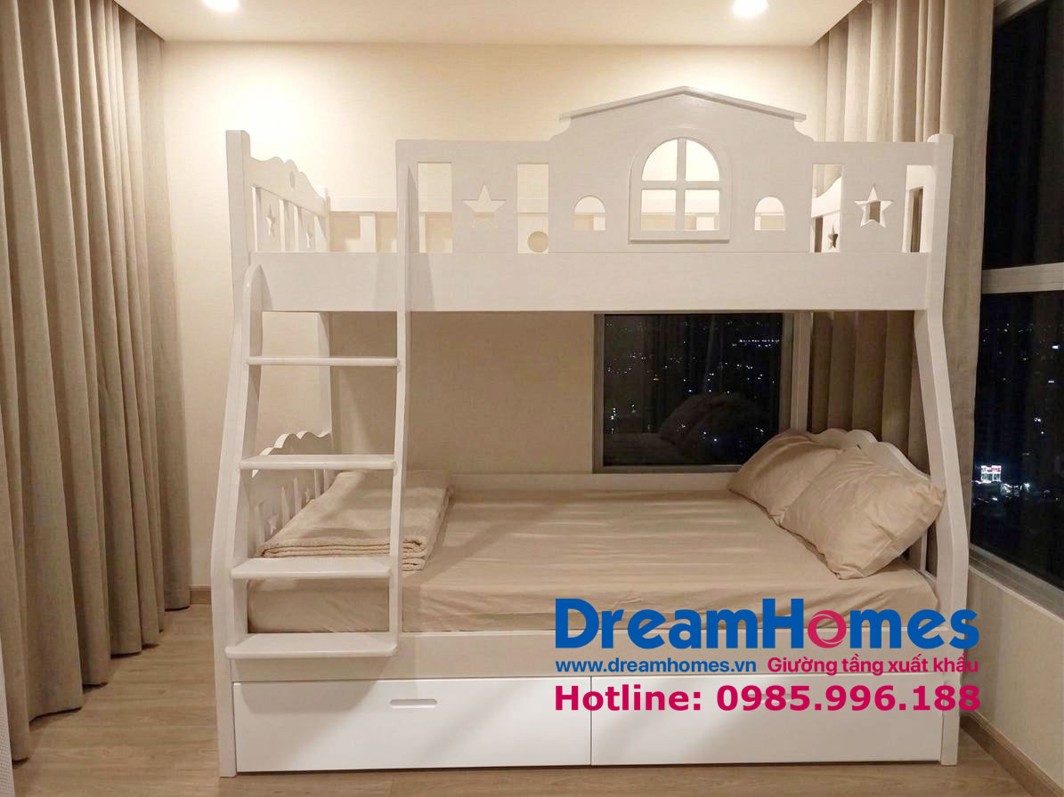 Giường tầng ngôi nhà thang trèo gỗ sồi nga - sơn trắng