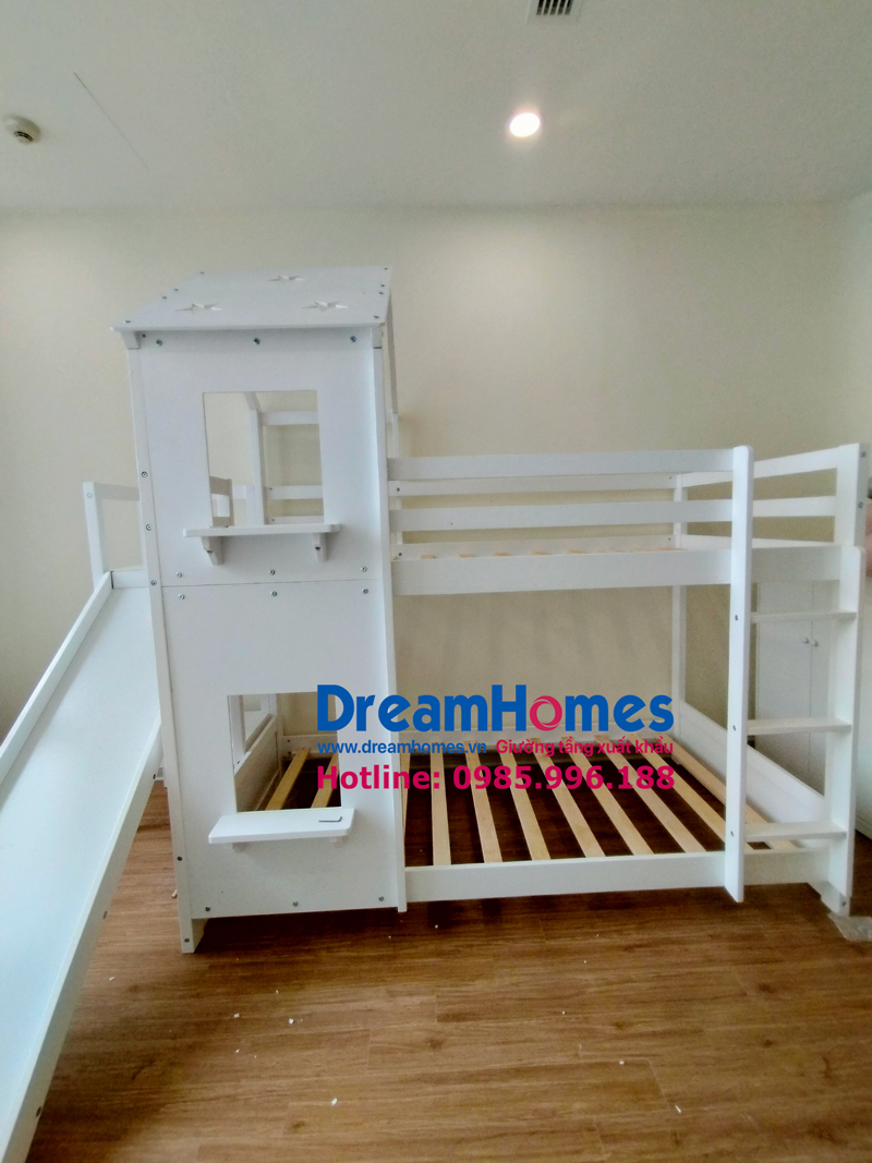 giường tầng ngôi nhà kết hợp cầu trượt cho bé màu trắng gỗ tự nhiên