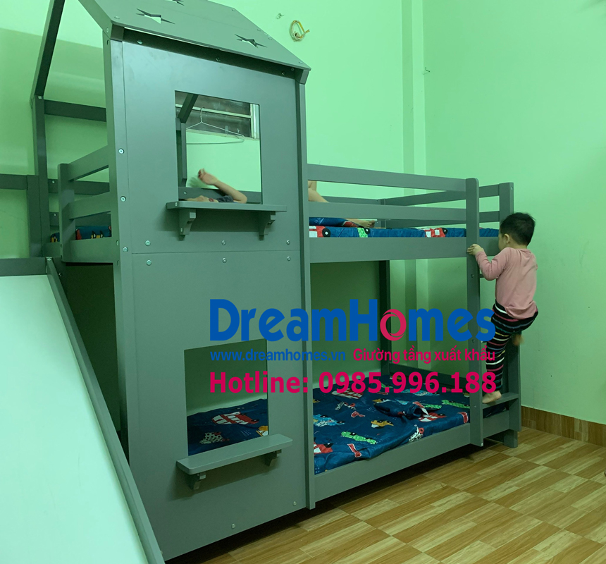 giường tầng trẻ em có cầu trượt giá rẻ màu ghi xám cho bé gỗ tự nhiên hà nội