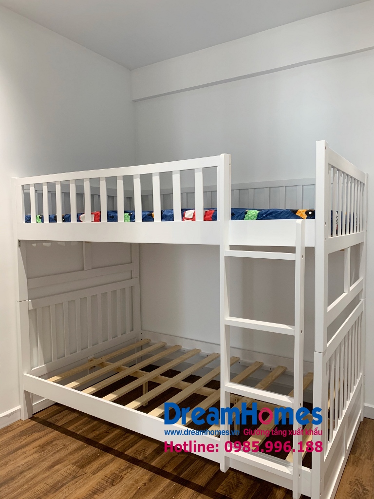 Ảnh giường tầng cho bé 1m2 gỗ tự nhiên GT 013 xuất khẩu EU màu trắng