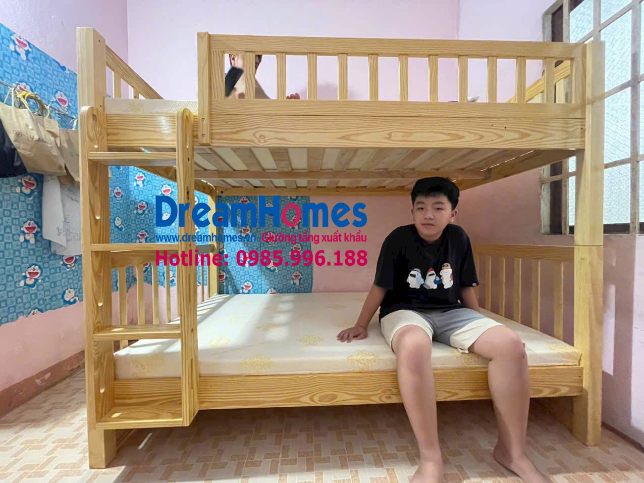  Giường tầng cho bé 1m2x2m GT 1212 gỗ thông bản chân 6x6cm