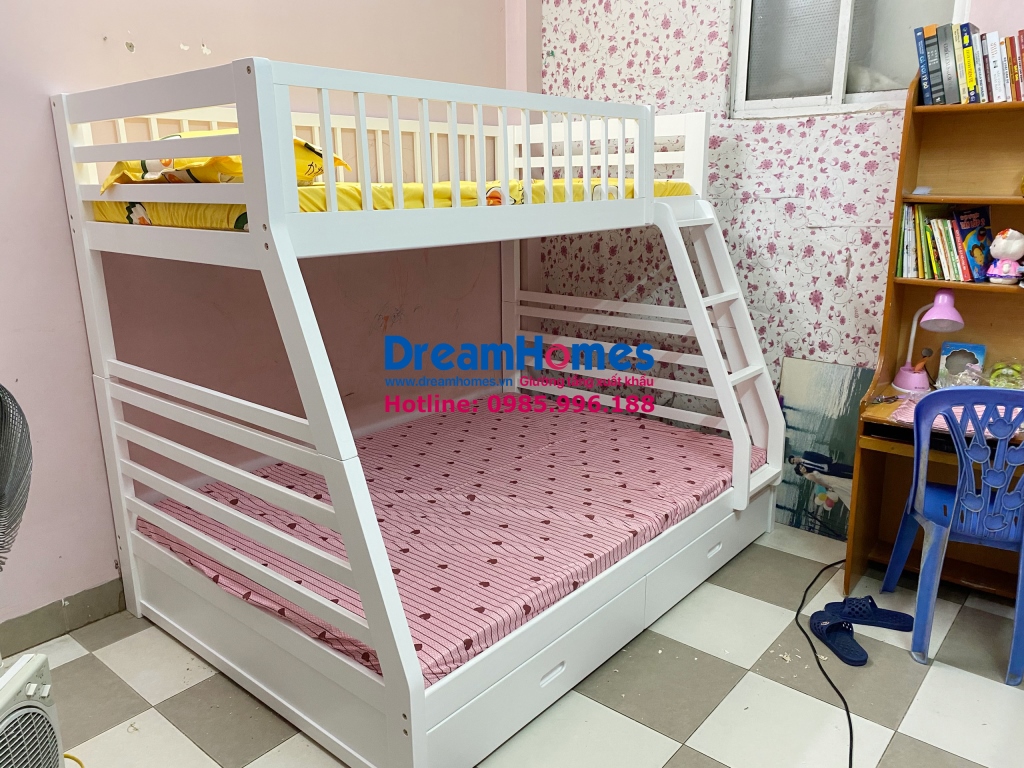 giường tầng trẻ em xuất khẩu GT 129 màu trắng bằng gỗ thông tự nhiên tại Hà Nội